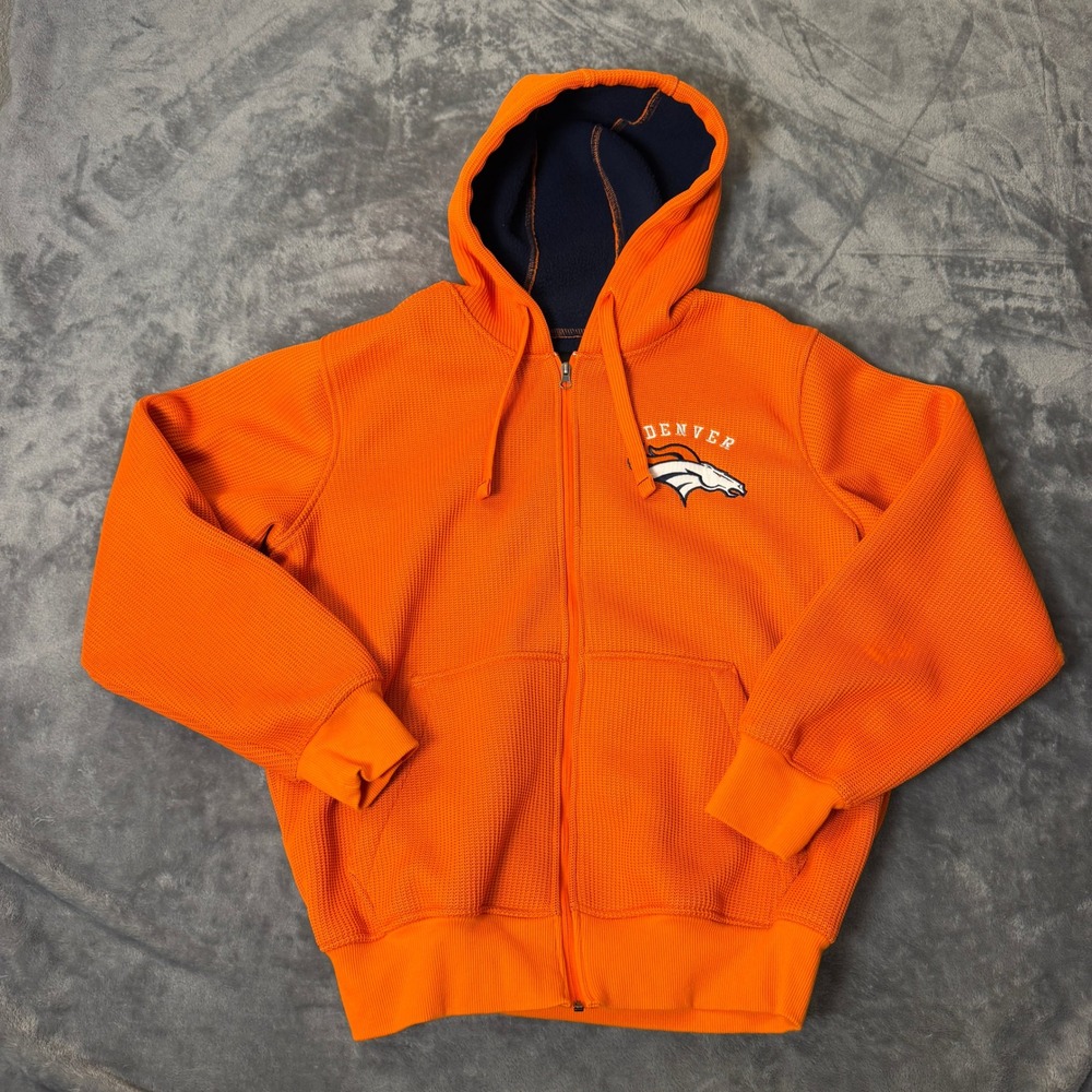 NFL Denver Broncos Orange Size Medium Waffle Knit Fleece Lined Full Zip Hoodie